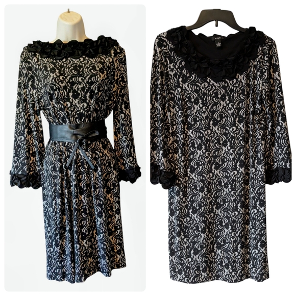 Alfani Lace Print Black and White Shift Dress Flower Petals Collar Sz. S - Picture 1 of 14